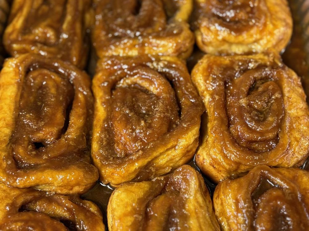 A tray of sticky buns fresh from the oven