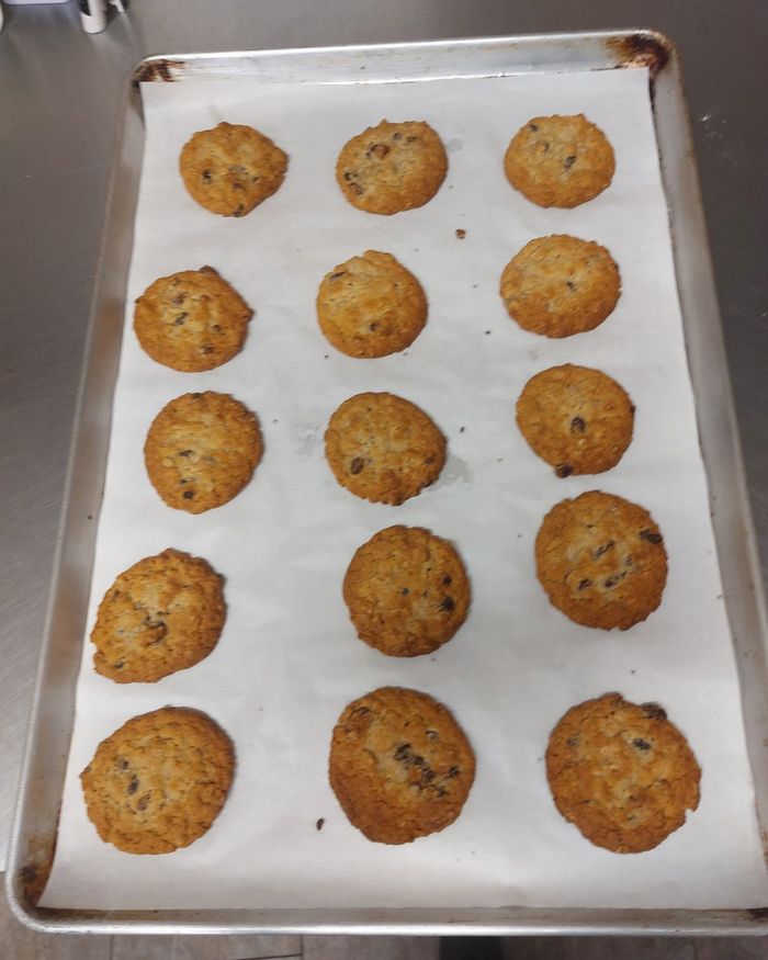 A sheet pan of cookies fresh from the oven